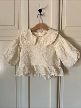 H&M Cream Textured Peplum Blouse with Ruffle Collar